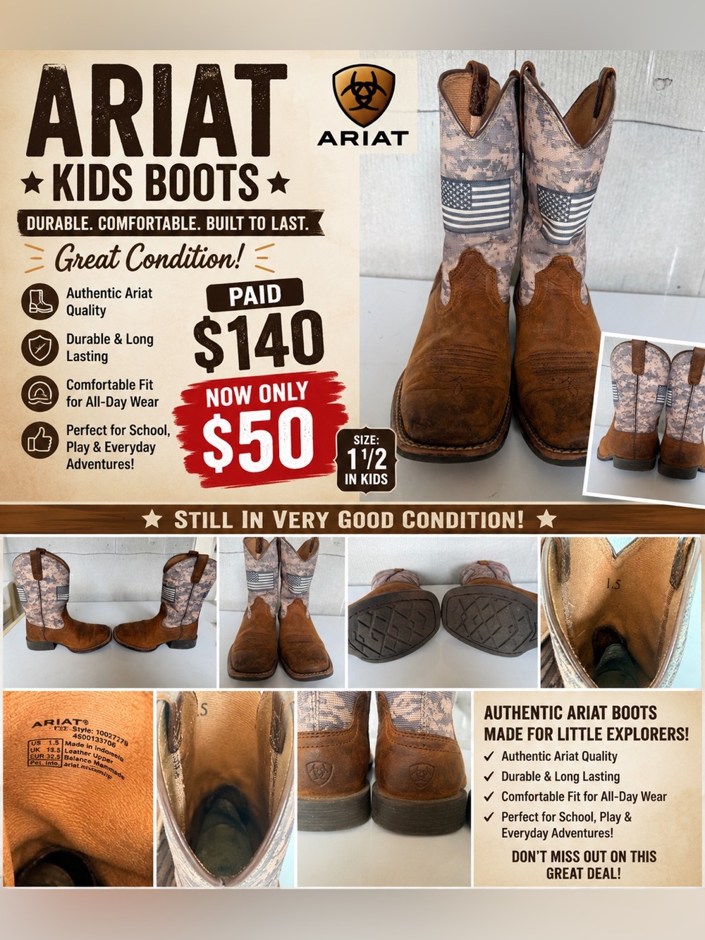 Ariat Kids Brown Western Boots with Camo Flag Shaft